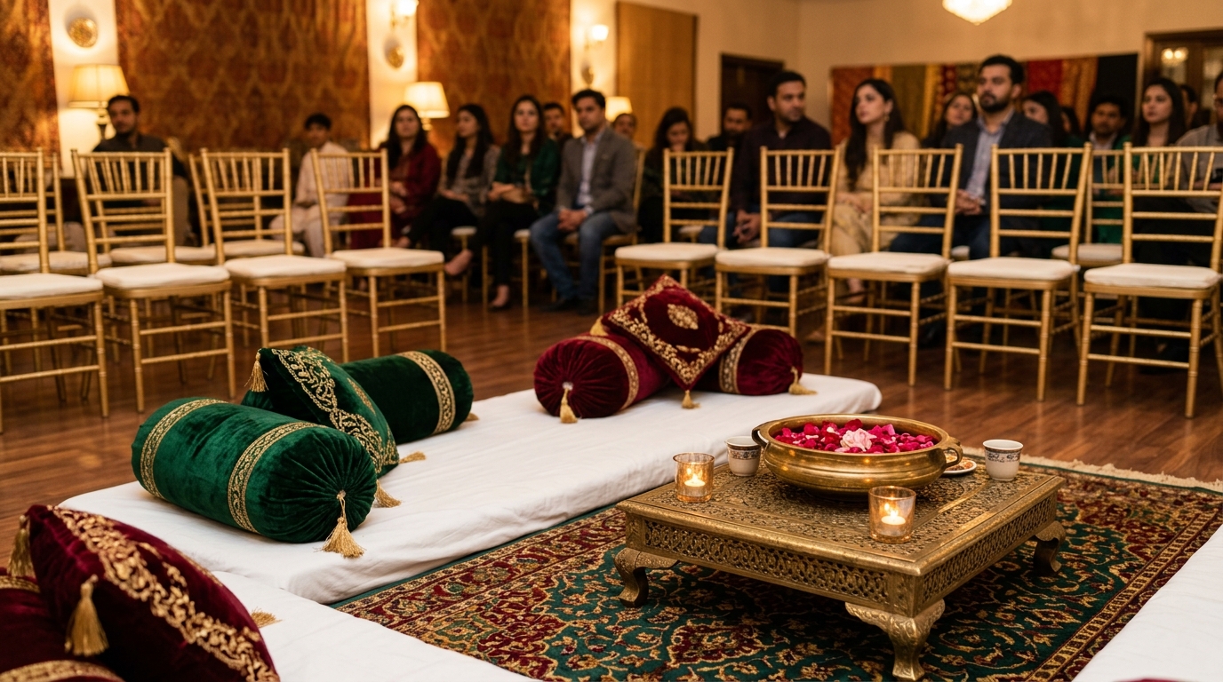 Hybrid VIP Floor Baithak and Gold Chiavari Seating