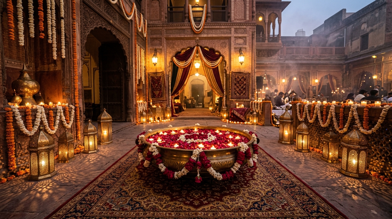 Traditional Sufi Brass Urli & Moroccan Lantern Ambiance